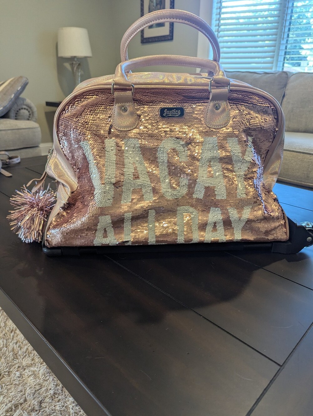 Justice Rose Gold Sequin Travel Bag with Pink Pom-Pom